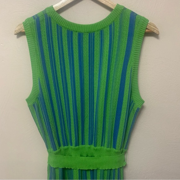 Misook Sleeveless Soft Ribbed Knit Belted Maxi Dress Green Blue Striped Size XL - Picture 7 of 11